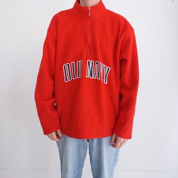 Vintage '90S Old Navy Red Fleece Outdoor Hiking Quarter Zip Pullover Sweater 2XL - Picture 1 of 10